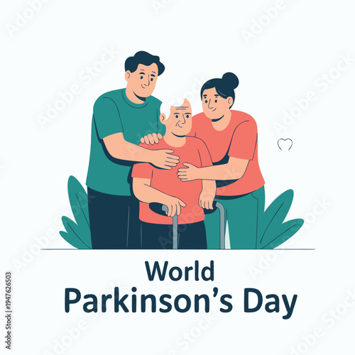 A family lovingly embraces an elderly man with a walking cane representing parkinson s day