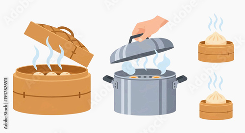 Steamer baskets and pot with dumplings are being served hot