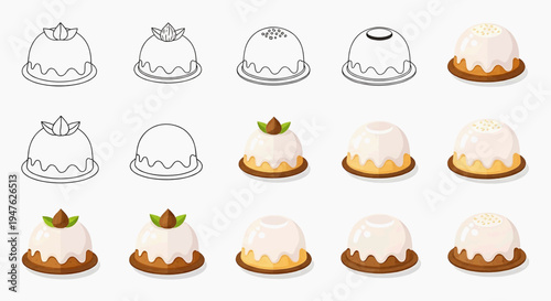 Illustrations of various cakes with white frosting are displayed on plates