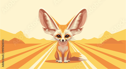 An adorable cartoon fennec fox with remarkably large ears sits patiently on a desert road, creating a charming and whimsical scene.