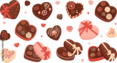 Valentine chocolate heart boxes collection with assorted candies, truffles and sweet treats, romantic dessert gift vector illustration set
