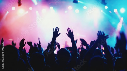 Crowd cheering at vibrant concert with colorful stage lights and energetic atmosphere