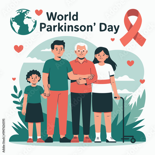World parkinson s day illustration featuring a multi generational family and a symbolic ribbon