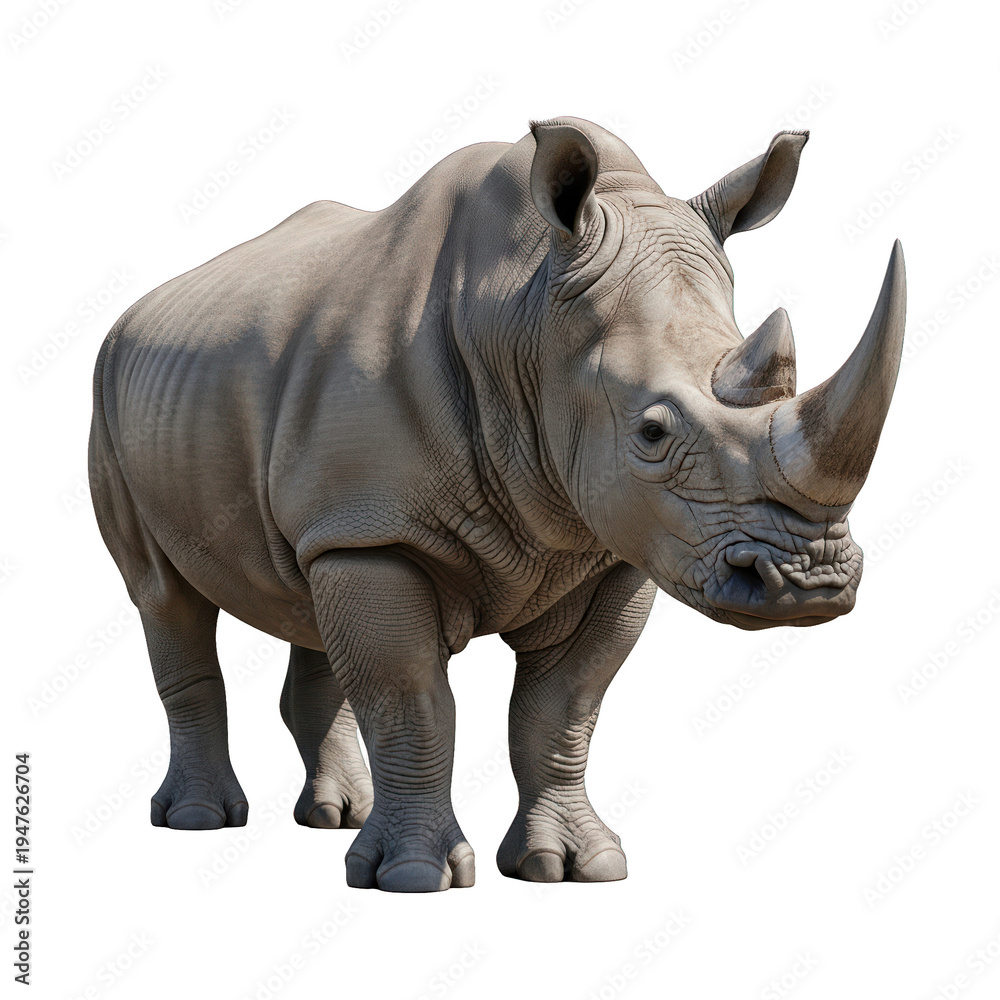 Fototapeta premium A photorealistic, detailed portrait of a rhinoceros isolated on a black background