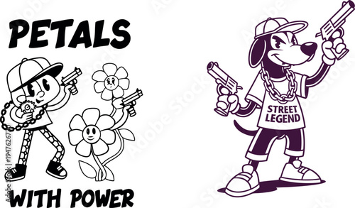 Vintage Rubber Hose Cartoon Mascot Set - Retro Monochrome Characters with Street Style Attitude