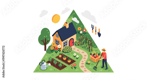 Charming triangular illustration showcasing a person tending to a vibrant home garden with blooming flowers and fresh vegetables under a bright sun.