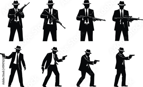 Man in suit with gun silhouette set, male secret agent holding rifle and handgun, professional bodyguard with firearm collection,