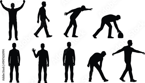 Man silhouettes set featuring male figure walking waving celebrating success stretching and picking up items isolated on white background for SEO