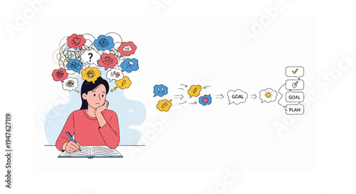 Woman Untangling Messy Thoughts into Organized Goals and Plans - Productivity Concept Vector