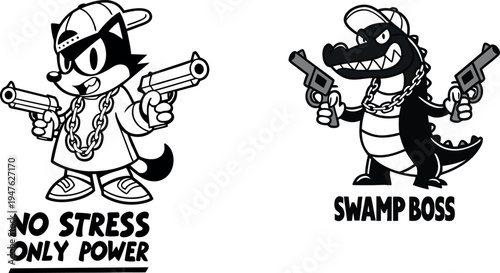 Vintage Rubber Hose Cartoon Mascot Set - Retro Monochrome Characters with Street Style Attitude