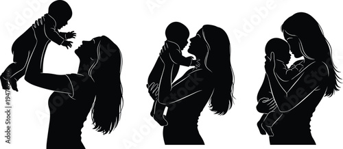 Mother and baby silhouette set, woman holding newborn child, parent and infant love, family care vector, motherhood icons, isolated black graphics.