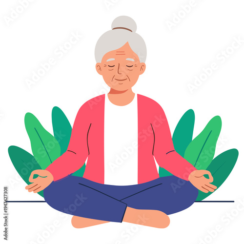Elderly woman practices yoga meditation in serene outdoor garden setting with plants