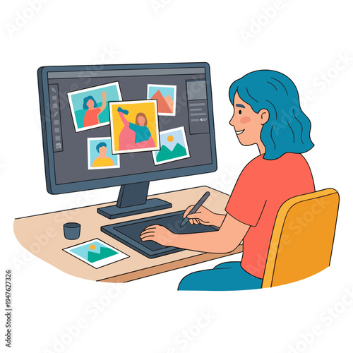 Woman sitting at desk using computer to edit photos on screen with graphics tablet.