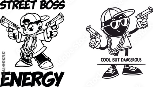 Vintage Rubber Hose Cartoon Mascot Set - Retro Monochrome Characters with Street Style Attitude