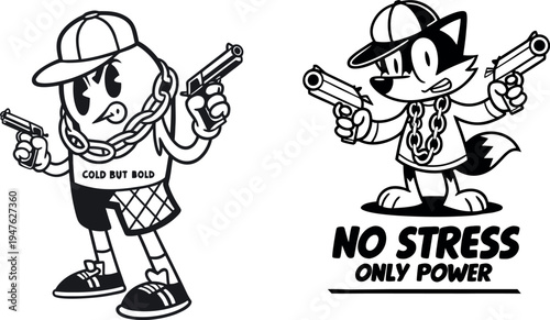 Vintage Rubber Hose Cartoon Mascot Set - Retro Monochrome Characters with Street Style Attitude