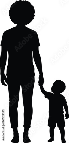 Mother and child silhouette vector illustration isolated on white background, mom holding toddlers hand, family love and parenting flat icon.