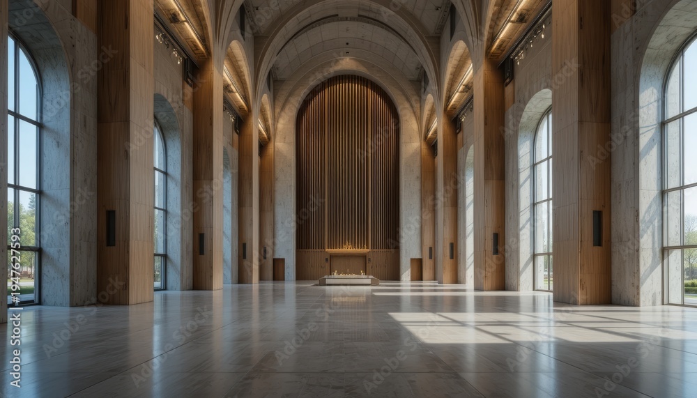 Obraz premium Large empty room with high ceilings and tall windows in a modern building
