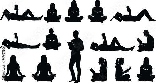 People reading books silhouette set, men and women reading in different poses, students studying, relaxing readers collection, education and hobby,