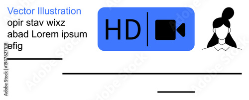 Online streaming, media platforms, video quality, technology, interface design, user interaction. Blue HD video icon next to female user profile outline. Online streaming and media platforms concept