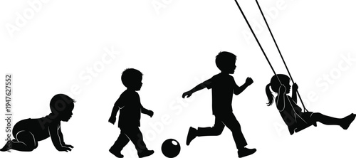 Silhouettes depicting the stages of childhood development from crawling to playing on a swing baby toddler