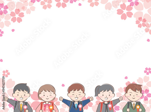 ランドセルを背負った小学生と桜のフレーム　入学　入学式