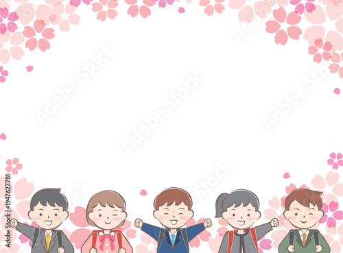 ランドセルを背負った小学生と桜のフレーム　入学　入学式