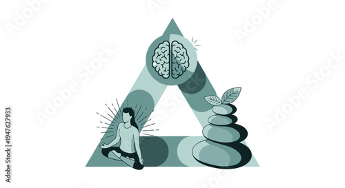 A serene illustration depicting the interconnectedness of mind, body, and spirit through meditation, balanced stones, and a healthy brain within a triangular framework, symbolizing holistic