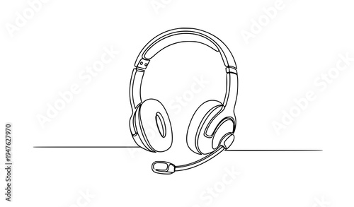 Continuous one line drawing headset with microphone minimal line art vector illustration