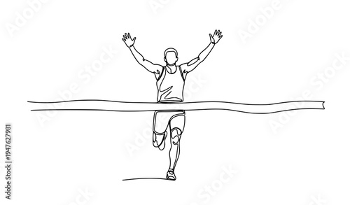 One continuous line drawing runner victory finish line sports vector illustration