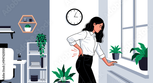 vector of businesswoman in office suffering from low back pain, standing by window, hands on aching lumbar area, sedentary lifestyle health issue