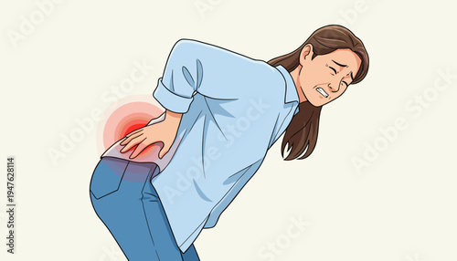 vector of woman suffering from intense low back pain, bending over and clutching her aching lumbar area, severe discomfort illustration