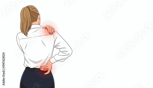 vector of woman with back and shoulder pain, seen from behind, hands on aching lumbar and shoulder area, discomfort illustration