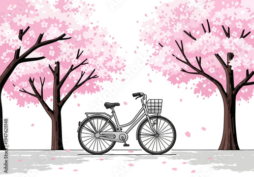 Vintage Bicycle with Basket Under Blooming Cherry Trees.