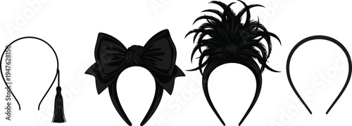 Set of black fashion headbands with elegant accessories including a decorative tassel large bow knot and luxury ostrich feather plumes