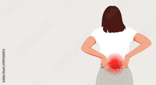 vector of woman with low back pain, seen from behind, hands on aching lumbar area, discomfort and need for relief illustration