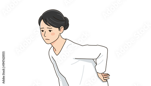 vector of woman bending slightly and looking distressed, holding her lower back due to discomfort or pain, general backache illustration