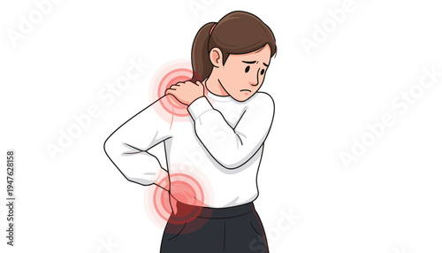 vector of woman with neck, shoulder, and low back pain, seen from behind, hands on multiple aching areas, chronic discomfort illustration