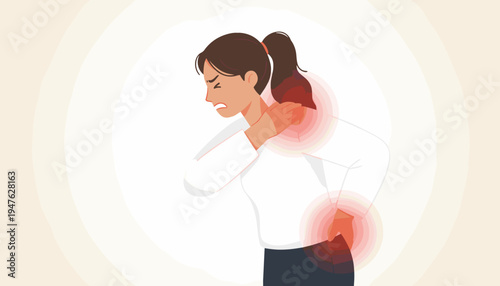 vector of woman grimacing in pain, holding her neck, shoulder, and lower back, experiencing widespread musculoskeletal discomfort and chronic pain