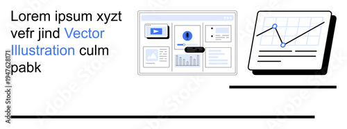 Digital marketing, analytics, web design, data visualization, technology, progress. A website wireframe alongside a data graph. Digital marketing and analytics concepts