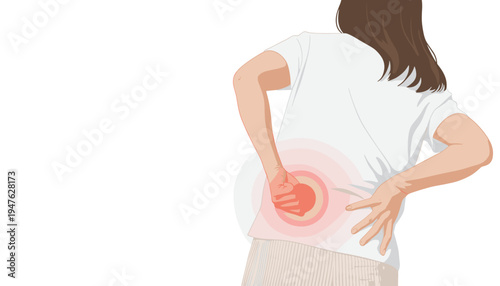 vector of pregnant woman experiencing low back pain, hands clutching her aching lumbar area, common discomfort during pregnancy