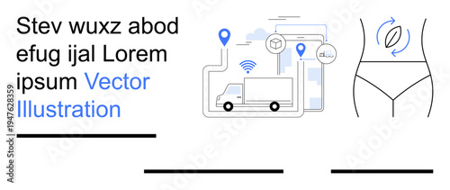 Logistics, sustainability, smart delivery, eco-friendly products, health, digital tracking. Truck with GPS location symbols and human abdomen with organic symbol. Logistics and sustainability concept