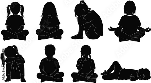 Silhouettes of Children in Various Poses Showing Different Emotions and Activities kids girl