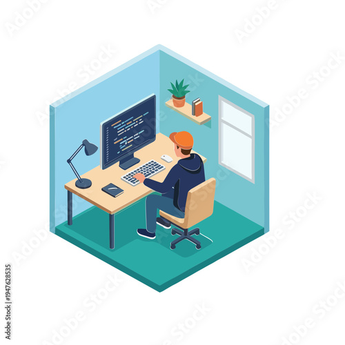 Man sitting at desk working on computer in office cubicle indoors