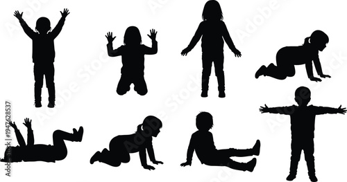 Silhouettes of Children Playing and Crawling Keywords: children, kids, playing, crawling, sitting, standing, lying down, active