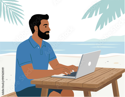 Man works on laptop at wooden beach table under palm trees by ocean