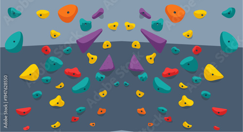 Vibrant, symmetrical illustration of a climbing wall featuring a diverse array of colorful holds, perfect for bouldering and rock climbing enthusiasts.