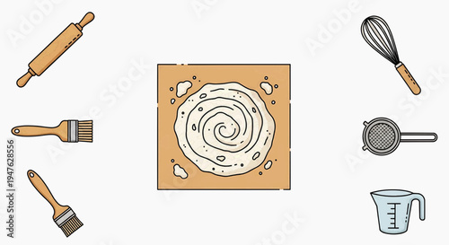 Kitchen tools and baking ingredients arranged for a culinary creation in a whimsical flat design illustration