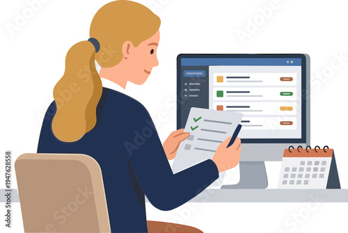 Woman uses a computer and holds documents while sitting at a desk.