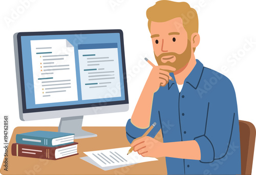 Man studies at desk with computer and books, taking notes thoughtfully