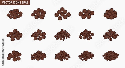 Diverse collection of small, dark brown, irregular-shaped items, meticulously arranged into multiple distinct piles, suitable for various design applications